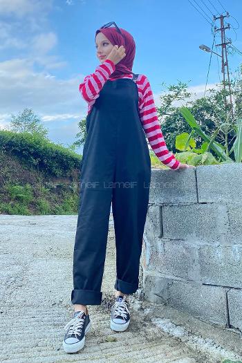Black Normal Neck Linen Parachute Fabric Unprinted Overalls