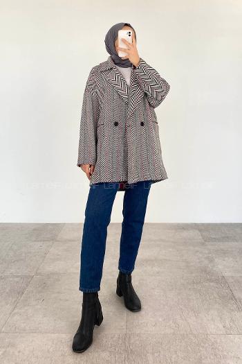 Modalamelif Düğmeli Oversize Çizgili Kaban Siyah-Fuşya