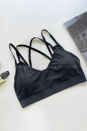 Lamelif Sırttan Çapraz Askılı Pedli Sporcu Sütyen Siyah Renk
