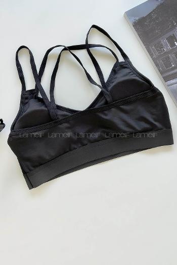 Lamelif Sırttan Çapraz Askılı Pedli Sporcu Sütyen Siyah Renk