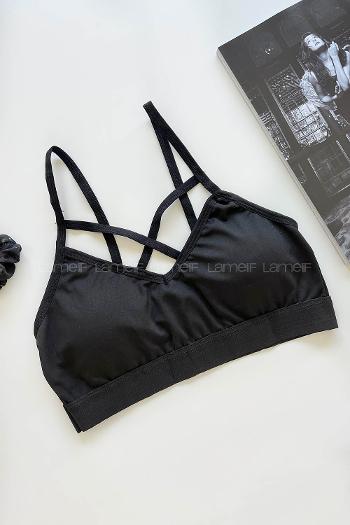 Lamelif Önü Çapraz Askılı Pedli Sporcu Sütyen Siyah Renk