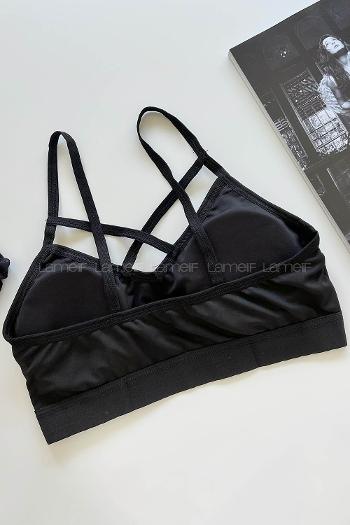 Lamelif Önü Çapraz Askılı Pedli Sporcu Sütyen Siyah Renk