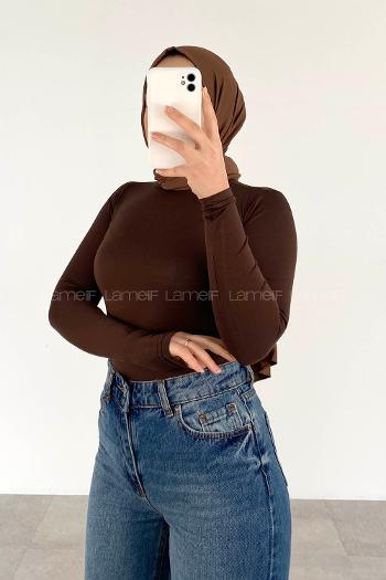 Lamelif Yarım Balıkçı Yaka Düz Renk Body Acı Kahve