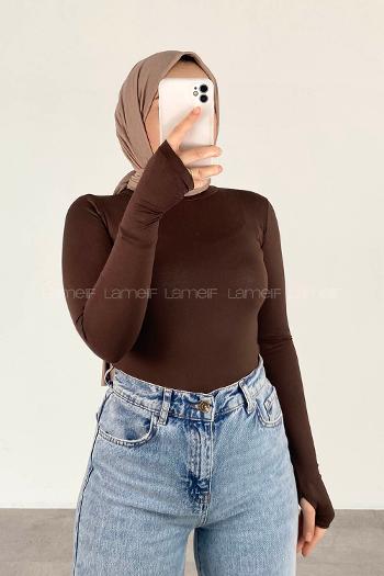 Bitter Brown Choker Neck Long Arm Viscose Fabric Body