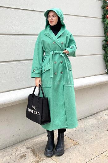 Modalamelif Düğme Kapamalı Kapüşonlu Kaban Yeşil