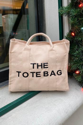 Lamelif Tote Bag Nakışlı Kanvas Kumaş Kadın Çanta Krem