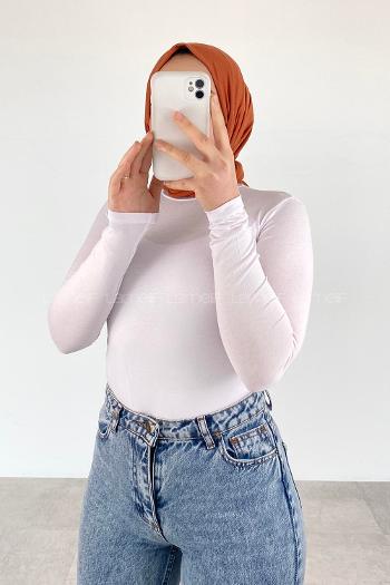 Lamelif Yarım Balıkçı Yaka Düz Renk Body Beyaz