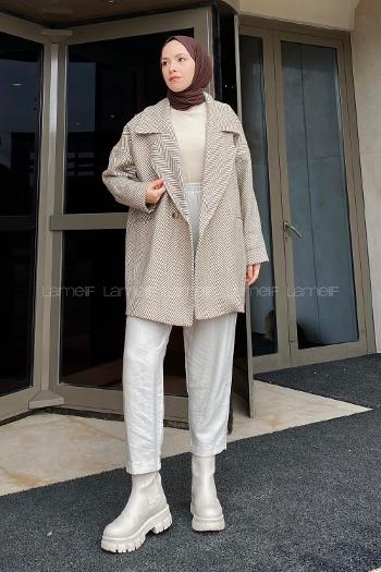 Modalamelif Zikzak Desen Balık Sırtı Kaban Bej