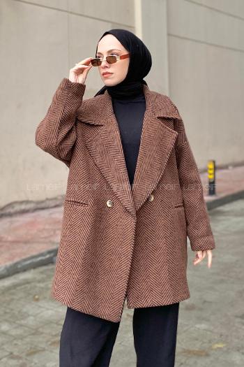 Modalamelif Zikzak Desen Balık Sırtı Kaban Acı Kahve