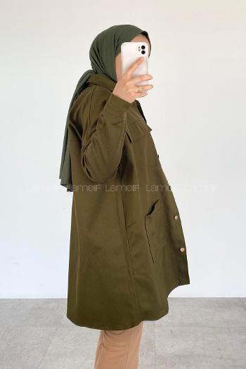 Modalamelif  Körük Cepli Oversize Gömlek Asker Yeşili