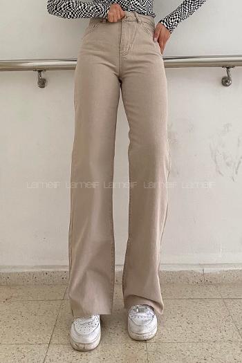 Lamelif Wıde Leg Model Kesik Paça Jean Taş Rengi
