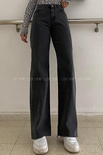 Lamelif Wıde Leg Model Kesik Paça Jean Füme