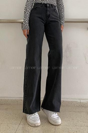 Lamelif Wıde Leg Model Kesik Paça Jean Füme