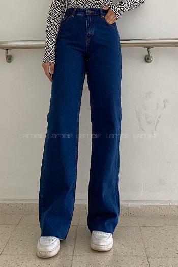 Lamelif Wıde Leg Model Kesik Paça Jean Koyu Mavi