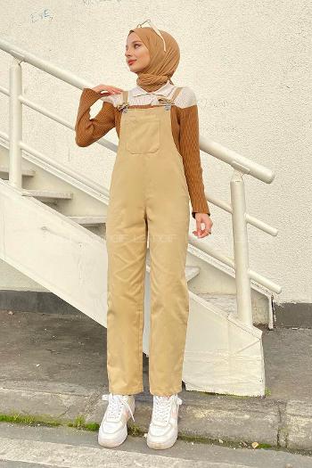 Modalamelif Ön ve Arka Cepli Keten Salopet Camel