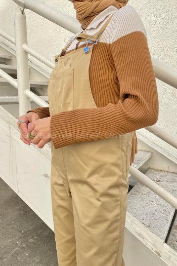 Modalamelif Ön ve Arka Cepli Keten Salopet Camel