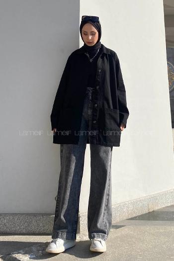 Lamelif Cepli Düğmeli Eskitme Kot Siyah