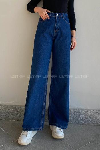 Lamelif Çift Cepli Bol Paça Pantolon Koyu Mavi