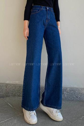 Lamelif Çift Cepli Bol Paça Pantolon Koyu Mavi