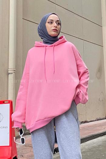Lamelif Kapşonlu Oversize Yan Cepli Sweat Pudra