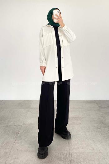 Lamelif Körük Cepli Kolları Lastikli Gömlek Beyaz