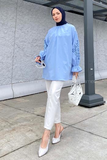 Lamelif Kol Baskılı Tunik Bebe Mavisi