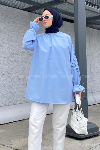 Lamelif Kol Baskılı Tunik Bebe Mavisi