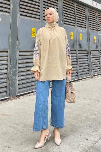 Lamelif Kol Baskılı Tunik Bej