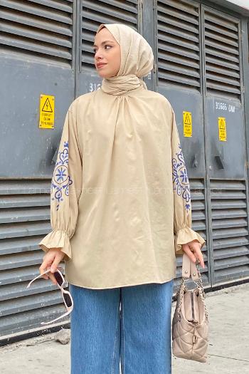 Lamelif Kol Baskılı Tunik Bej