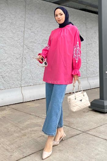 Lamelif Kol Baskılı Tunik Fuşya