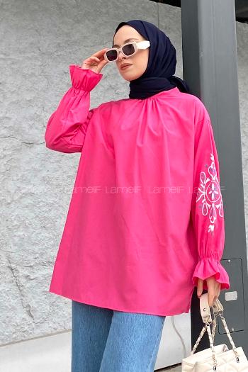 Lamelif Kol Baskılı Tunik Fuşya
