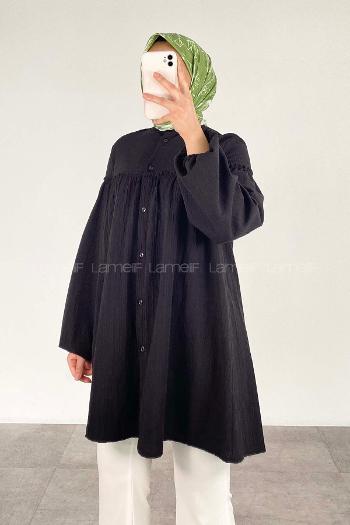 Modalamelif Balon Kol Gofre Gömlek Siyah