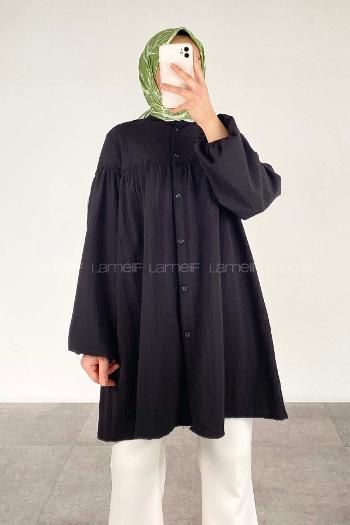 Modalamelif Balon Kol Gofre Gömlek Siyah