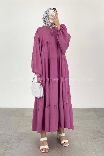 Lamelif Yaka Bağlamalı Katlı Elbise Açık Mor