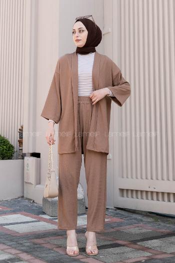 Modalamelif Bürümcük Detaylı Kimona Takım Koyu Vizonrengi