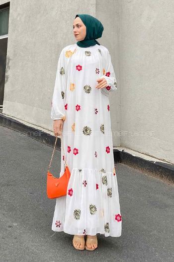 Modalamelif Hasır Kemerli Nakışlı Elbise Beyaz