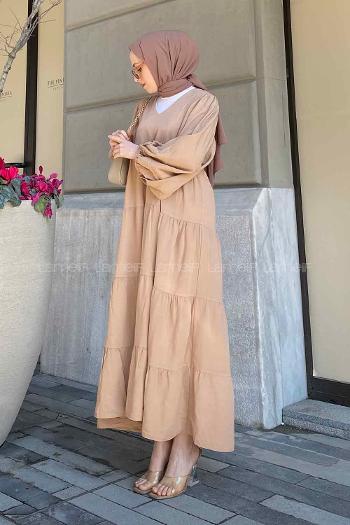 Modalamelif Kat Volanlı Balon Kol Elbise Camel