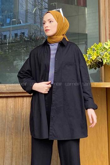 Black Shirt Collar Long Arm Cotton Unprinted Shirt