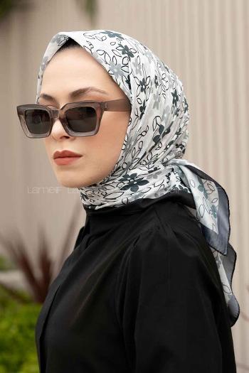 Lamelif Mini Çiçek Desen Soft Eşarp Serisi Beyaz-Siyah