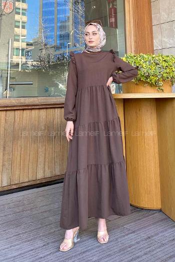 Modalamelif Lora Fırfır Detaylı Elbise Acı Kahve