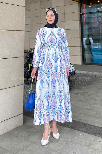 Modalamelif Şal Desen Elbise Saks