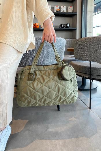 Lamelif  Cüzdan Aksesuarlı Barrel Kapitone Çanta Haki