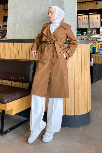 Tan Long Arm Belted Cotton Trench Coat
