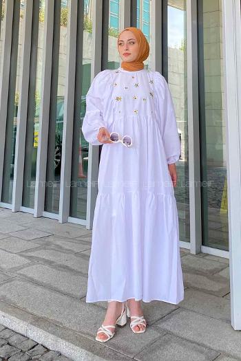 White Crew Neck Cotton Printed Dresess