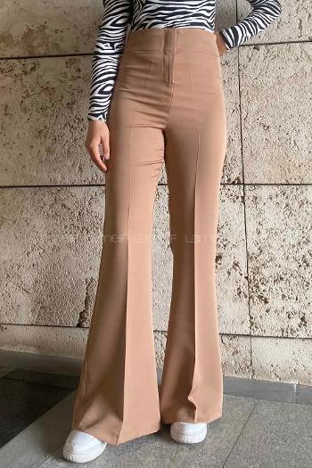 Lamelif Yüksek Bel İspanyol Paça Gizli Cep Pantolon Camel