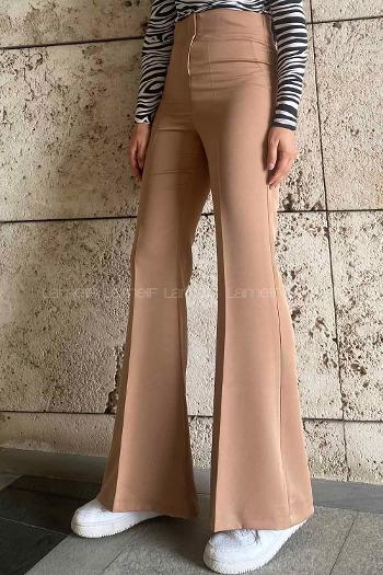 Lamelif Yüksek Bel İspanyol Paça Gizli Cep Pantolon Camel