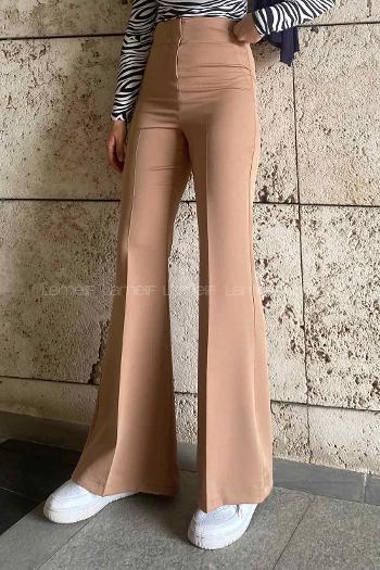Lamelif Yüksek Bel İspanyol Paça Gizli Cep Pantolon Camel