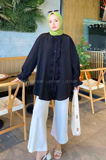 Lamelif Flores Fırfırlı Tunik Siyah