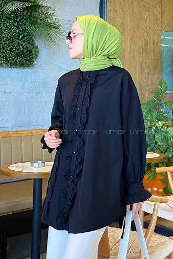 Lamelif Flores Fırfırlı Tunik Siyah