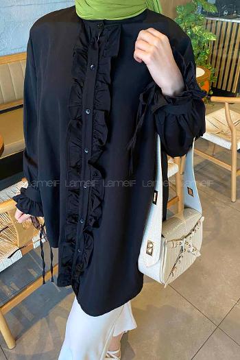 Lamelif Flores Fırfırlı Tunik Siyah